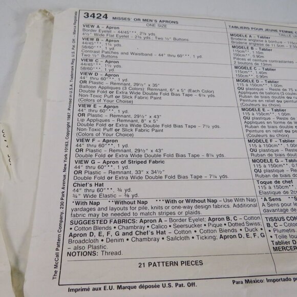McCalls 3424 Sewing Pattern Apron & chief hat EASY complete - Picture 10 of 11